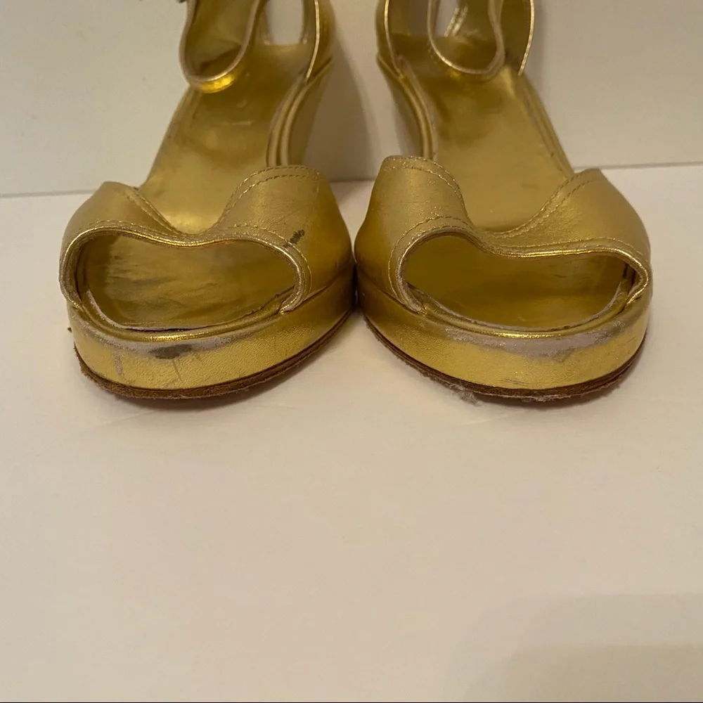 SIGERSON MORRISON SHOES WEDGE GOLD LEATHER ANKLE STRAP Size 8.5 B